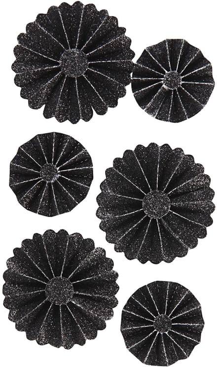 Rosettes, d 35+50 mm, zwart glitter, 6 stuk/ 1 doos