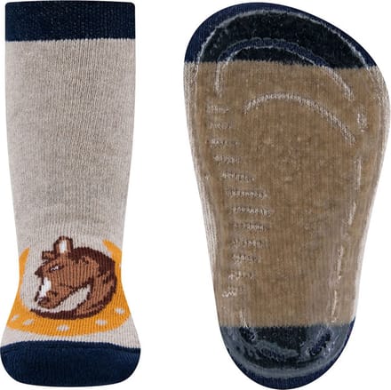 Ewers Antislipsok - Paard&Hoefijzer - Beige/Donkerblauw/Bruin - Siliconenzool-19/20