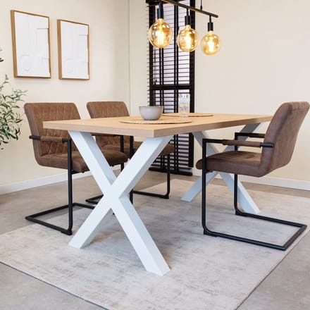 Dimehouse Eettafel Lenzo Rustiek Eiken X-poot wit 180 x 80 x 3,8 cm - Hout - Industrieel - Rechthoek