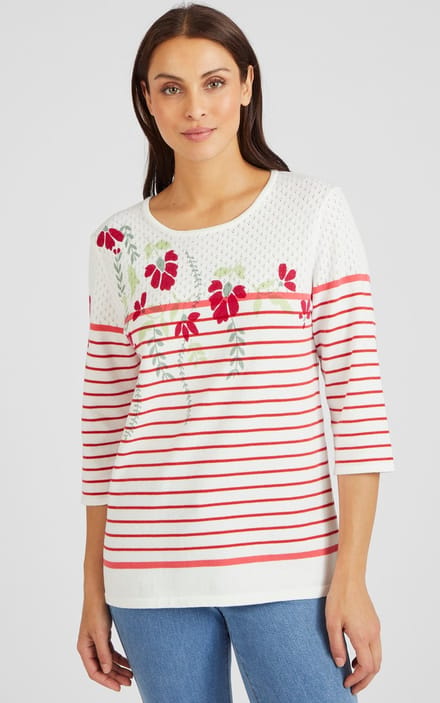 Damart - Trui effen en gestreepte met bloemenprint - Dames - Rood - S