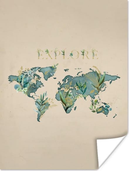 Poster - Wereldkaart - Turquoise - Planten - 30x40 cm