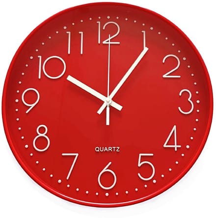 Moderne grote aantal ronde stille wandklok rood 12 Inch 30 cm.