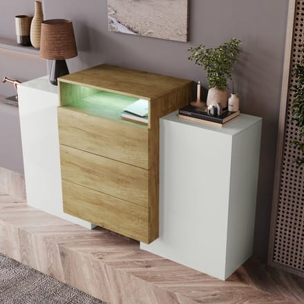 REDOM Dressoir 140 cm hoogglans wit & houtkleur - MDF met 2 deuren, 3 lades, verstelbare planken en instelbare LED