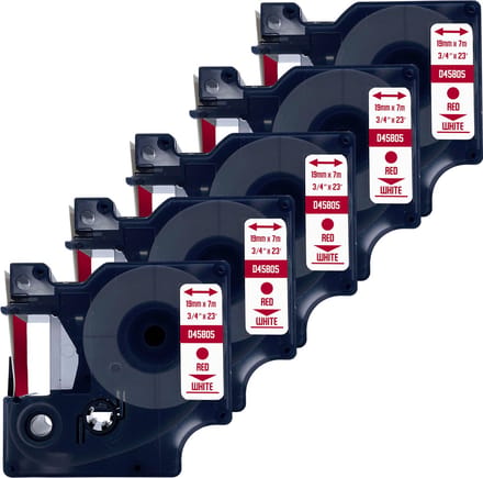 DULA Dymo D1 45805 - S0720850 - Compatible label tape - 5 lettertapes - Rood op wit - 19mm x 7m