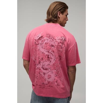 Oversized Boxy T-shirt Met Drakenprint En Washed Effect | Red | Size XS