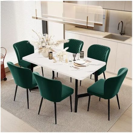 Merax Set van 6 fluwelen eetkamerstoelen - metalen poten - groen