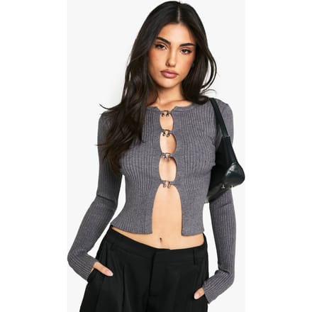 boohoo Dames Haakdetail geribbelde Cardigan | Charcoal | Maat: Medium