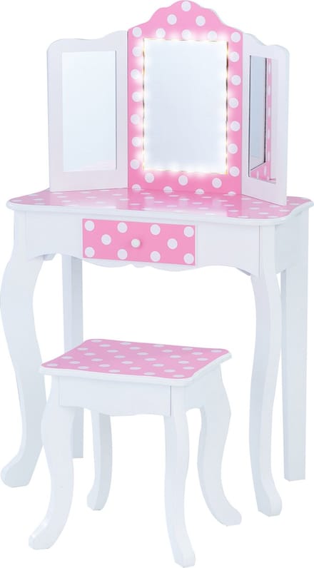 Teamson Kids Houten Kaptafel Kinderen - Met LED Licht Spiegel - Polka Dot - Roze/Wit