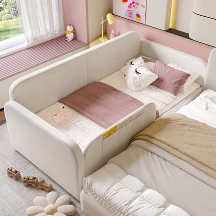 REDOM Kinderbedbank – 90x200 cm – Met 2 lades & 3 opbergtasjes – Fluweel – Wit