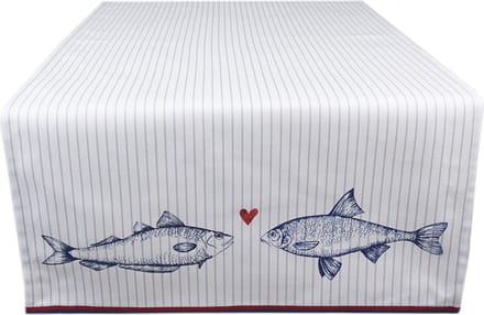 Clayre & Eef Tafelloper 50x140 cm Wit Blauw Katoen Vissen