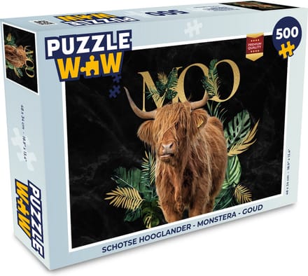 Puzzel Schotse hooglander - Monstera - Goud - Legpuzzel - Puzzel 500 stukjes