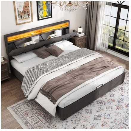 Lit rembourré avec éclairage LED, lit double avec cadre en acier, lin, 160*200 cm, gris