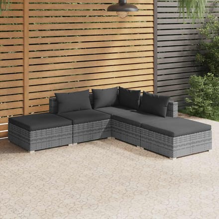 vidaXL - 5-delige - Loungeset - met - kussens - poly - rattan - grijs