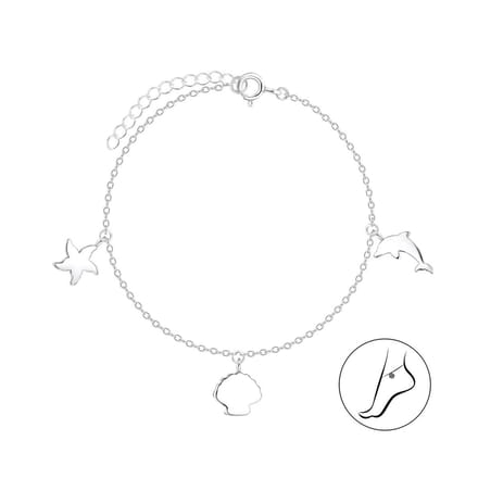 Joy|S - Zilveren enkelbandje - bedel enkelband - schelp zeester dolfijn - 22 cm + 3 cm extension