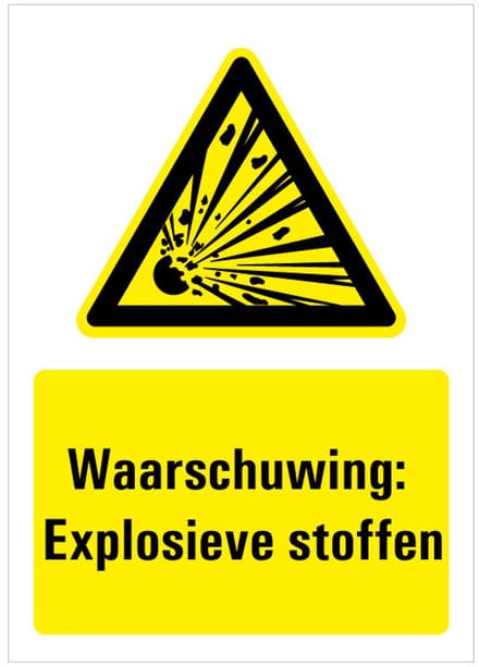 Bord met tekst waarschuwing explosieve stoffen, kunststof, W002 148 x 210 mm