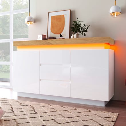 Sweiko Ladekast - Hoogglans dressoir - 2 deuren, 3 laden - LED verlichting - 81 x 140 x 39 cm - Wit