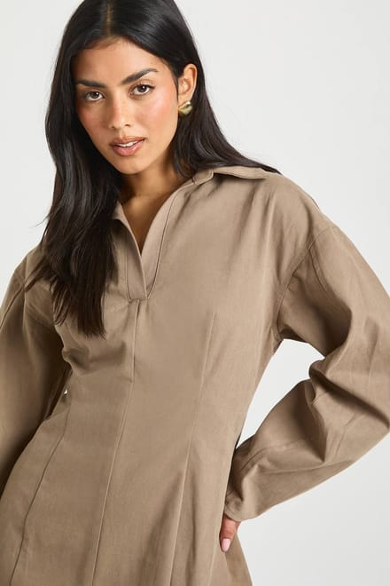 boohoo Dames Twill Blousejurk met Getailleerde Taille | Gewassen Kaki | Maat: 36