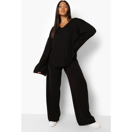 boohoo Dames Plus Gebreide V-hals Zijgespleten Broekset | Zwart | Maat: 44