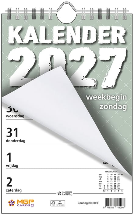 MGPcards - Weekblok met Wire-O binding 2027 - Week begint op zondag - 13,5 x 20,5 cm - Groen