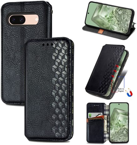Luxe PU Lederen Ruitpatroon Wallet Case + Glas Screenprotector voor Google Pixel 8a _ Zwart