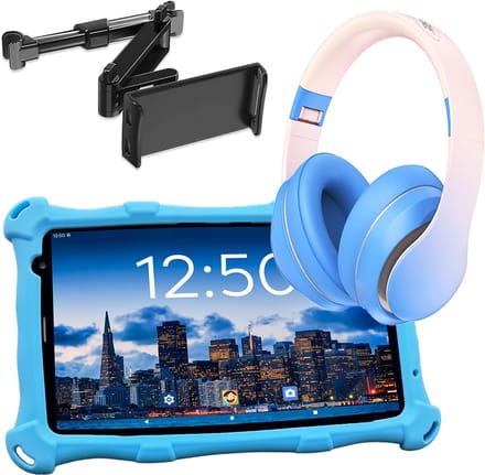 AngelTech Luxe OnderwegPakket PRO MAX – Kindertablet PRO MAX Blauw + Kinderkoptelefoon + Tablethouder - Android 16 - Kindertablet Vanaf 3 Jaar – Kinder Tablet – Kids Tablet - Tablet voor Kinderen