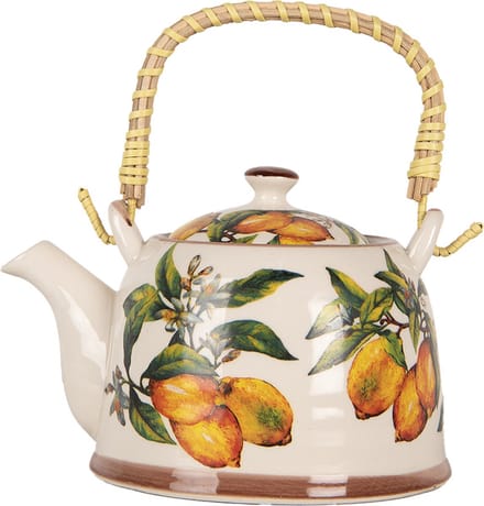 Clayre & Eef Theepot met Filter 800 ml Wit Geel Keramiek Citroenen