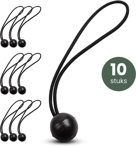 STACK® Spanelastiek met Bal - 10 Stuks - Zeilspanner & Spanelastiek - Ideaal voor Afdek Zeil, Spandoek, Aanhanger & Tent - Spanrubbers Set - Bungee Ball Koord - Spanner Elastiek Rekbaar tot 30 cm - Spanrekkers - Zwart