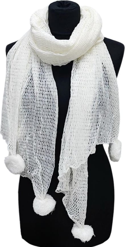 Lange Gebreide Sjaal - Pompon - Ecru/Roomwit - 200 x 65 cm (4637)
