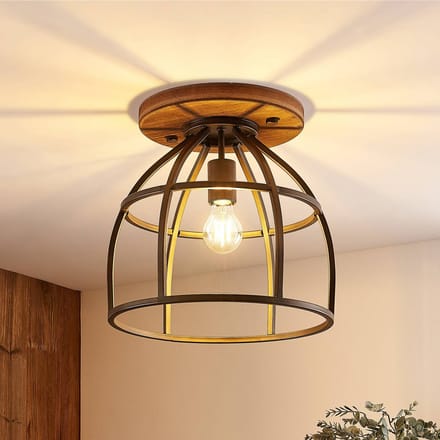 Lindby - plafondlamp hout - 1licht - Metaal, hout - H: 33.4 cm - E27 - zwart, bruin