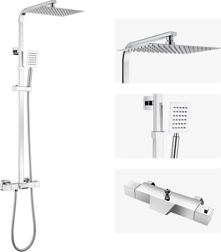 Auralum Max Thermostaat Doucheset - 3 Functies (Regendouche, Handdouche, Waterval) - 38°C Constant - Verstelbare Douchestang - Chroom