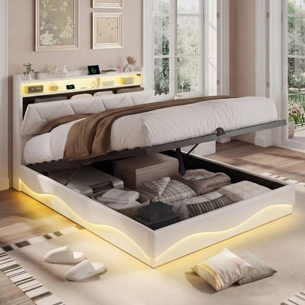 Opbergbed 160x200 Beige Velvet – met LED, USB-C & Opbergruimte