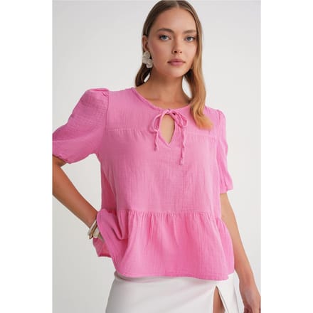 Gestructureerde Muslin Crew Neck Blouse met Binding Detail
