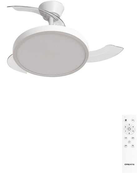 CREATE - Plafondventilator 40W stil met intrekbare bladen met licht - Ø91cm - Wit - Afstandsbediening - WIND CLEAR STUDIO