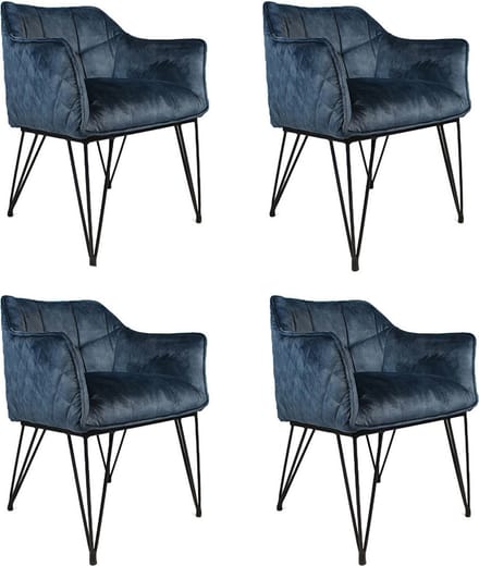 Bronx71® Velvet eetkamerstoel Jayron blauw - Eetkamerstoelen set van 4 - stoel