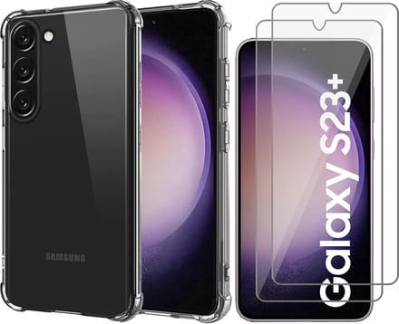 Hoesje geschikt voor Samsung Galaxy S23 Plus - 2x Screen Protector GlassGuard - Back Cover Case ShockGuard Transparant & Screenprotector