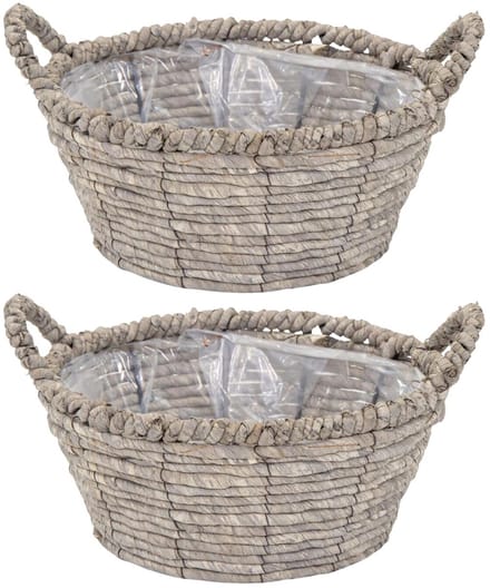 Mega Collections Opbergmand Sneek - 2x - grijs - riet - D25 x H11 cm