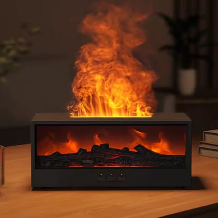 Flame LED Aroma Diffuser Zwart – Sfeervolle Luchtbevochtiger met Vlam Effect – Aromatherapie – Meerkleurige LED – Timerfunctie – Stil & Modern
