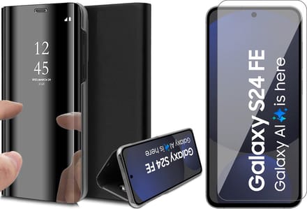 Hoesje geschikt voor Samsung Galaxy S24 FE - Screenprotector Glas - Spiegel Book Case Zwart