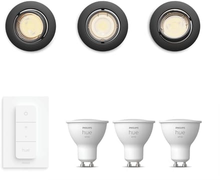 Philips Hue Peridot Set van 3 Inbouwspots (Zwart) - Rond - Richtbaar - GU10 - Warmwit Licht - Incl. Hue Dimmer Switch - Hue White