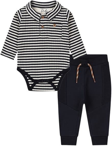 Dirkje - Basic Collection - BIO COTTON - Broekje jogging Navy met koord - Romper Shirt gestreept - Maat 80
