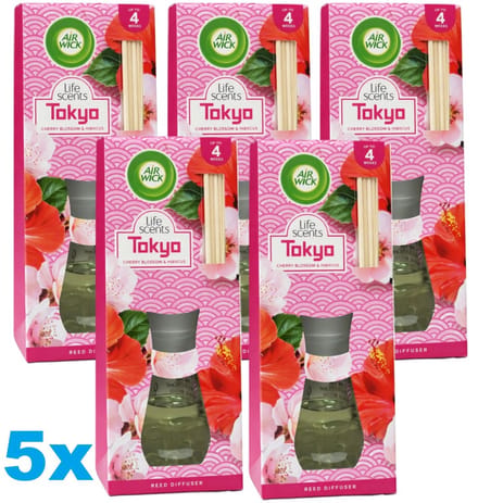 Air Wick Essentials Geurstokjes Tokyo - Cherry, Blossom & Hibiscus - 5 x 25 ml - 5 Stuks