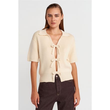 Dames Geribbelde Acryl Polo Cardigan Met Strik Voorzijde