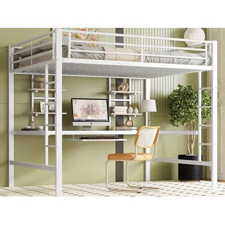 ModernLuxe Hoogslaper 140x200cm - met bureau en planken - metalen frame - Wit