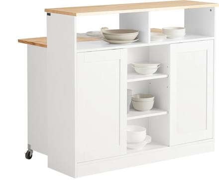 Keukeneiland - Verplaatsbaar - Keukenkast - Dressoir - Organizer - Kasten - Houten Werkblad - Wit