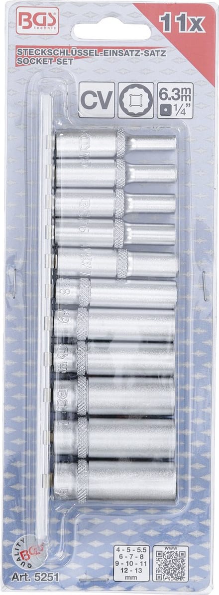 BGS - 12-kant lange doppenset 1/4  - Doppen 4mm - 5 - 5,5 - 6 - 7 - 8 - 9 - 10 - 11 - 12 - 13 mm - BGS5251