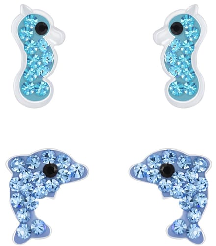 Joy|S - Zilveren dolfijn oorbellen set - 2 paar - blauw - dolfijn - zeepaardje