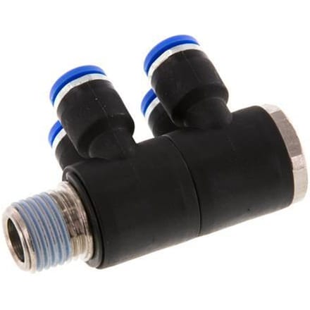 6mm x R1/4'' 4-way Manifold Messing/PA 66 Insteekfitting Buitendraad Draaibaar NBR