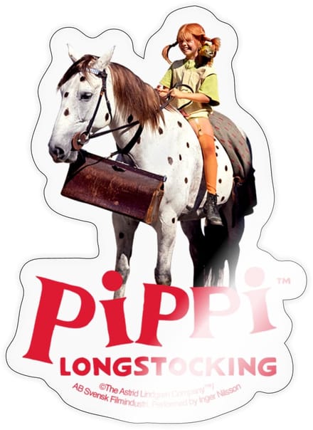 Pippi Longstocking Pippi Rijdt Op Kleine Witte Sticker Maat S (max. 10 x 10cm)