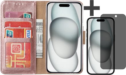 Hoesje met Privacy Screenprotector Geschikt voor iPhone 15 – Arara bookcase met pasjeshouder - Rosegoud