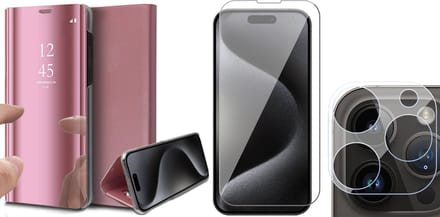 Hoesje geschikt voor iPhone 15 Pro Max - Screenprotector GlassGuard & Camera Lens Screen Protector - Book Case Spiegel Roségoud